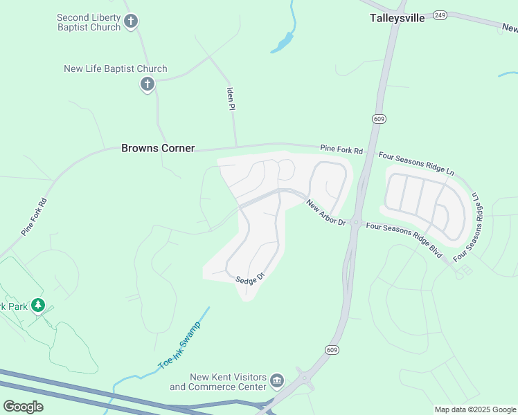 map of restaurants, bars, coffee shops, grocery stores, and more near 7292 Sedge Court in New Kent