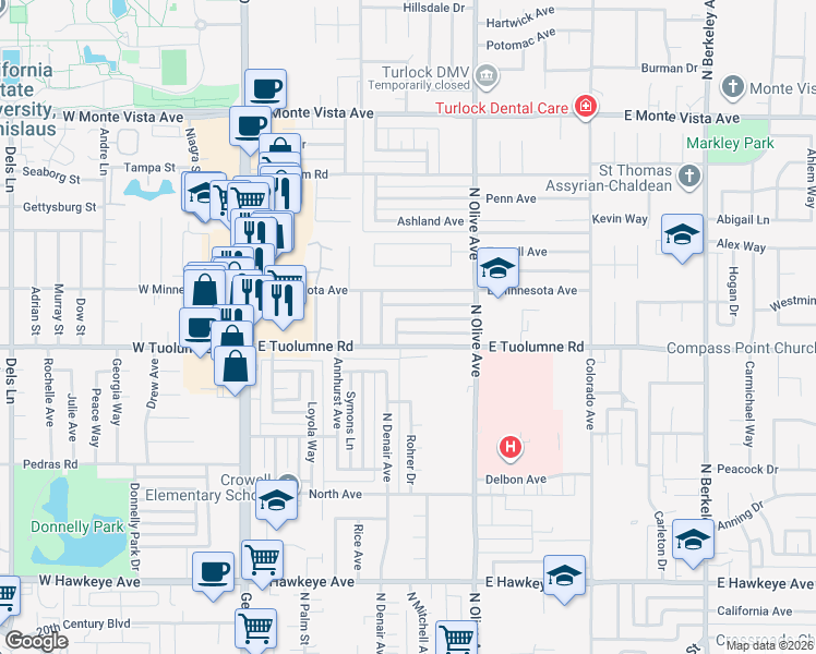 map of restaurants, bars, coffee shops, grocery stores, and more near 491 East Tuolumne Road in Turlock
