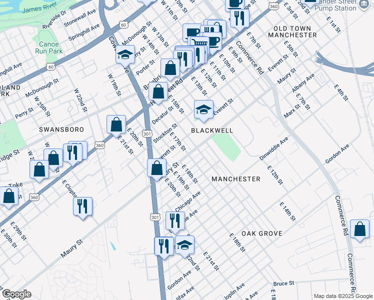map of restaurants, bars, coffee shops, grocery stores, and more near 316 East 17th Street in Richmond