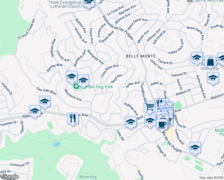 map of restaurants, bars, coffee shops, grocery stores, and more near 2652 Ponce Avenue in Belmont