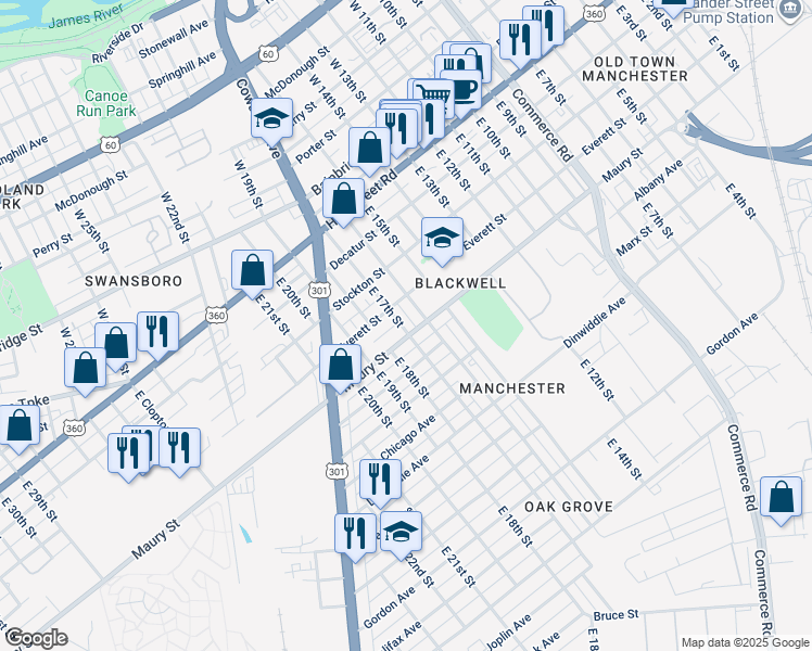 map of restaurants, bars, coffee shops, grocery stores, and more near 316 East 17th Street in Richmond