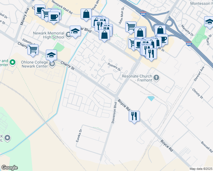 map of restaurants, bars, coffee shops, grocery stores, and more near 6452 Buena Vista Drive in Newark