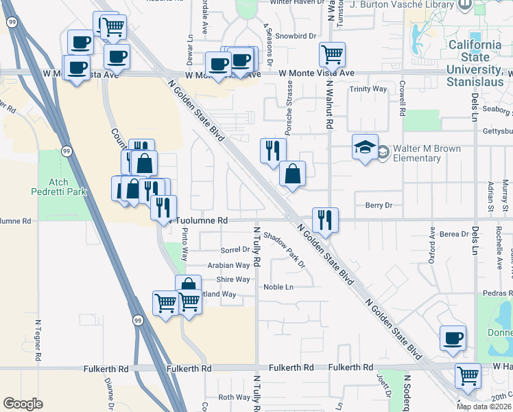 map of restaurants, bars, coffee shops, grocery stores, and more near 2080 State Street in Turlock