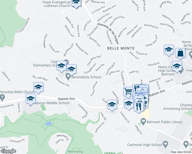 map of restaurants, bars, coffee shops, grocery stores, and more near 2652 Ponce Avenue in Belmont