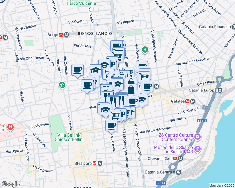 map of restaurants, bars, coffee shops, grocery stores, and more near 14 Via Francesco Riso in Catania