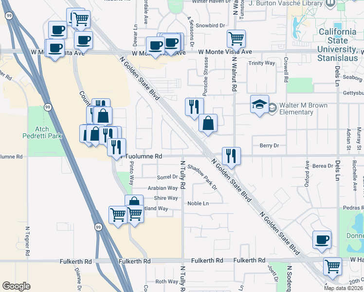 map of restaurants, bars, coffee shops, grocery stores, and more near 2091 State Street in Turlock