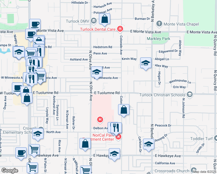 map of restaurants, bars, coffee shops, grocery stores, and more near 1101 East Tuolumne Road in Turlock