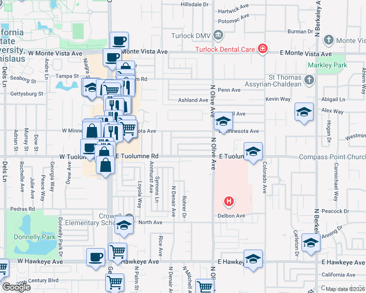 map of restaurants, bars, coffee shops, grocery stores, and more near 491 East Tuolumne Road in Turlock