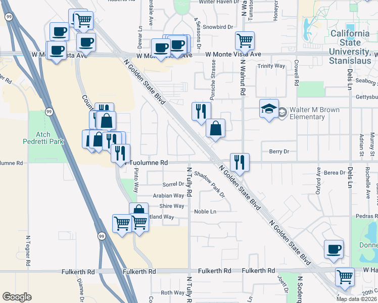 map of restaurants, bars, coffee shops, grocery stores, and more near 2080 State Street in Turlock