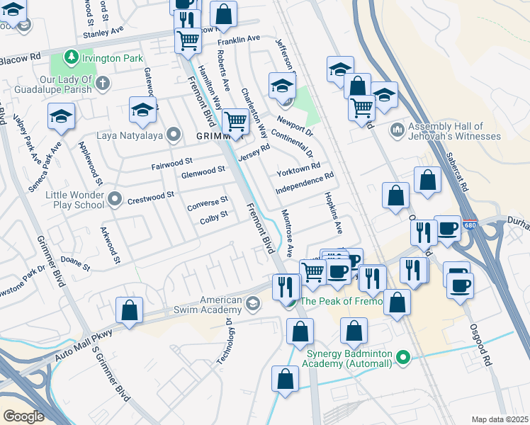 map of restaurants, bars, coffee shops, grocery stores, and more near 4016 Doane Street in Fremont