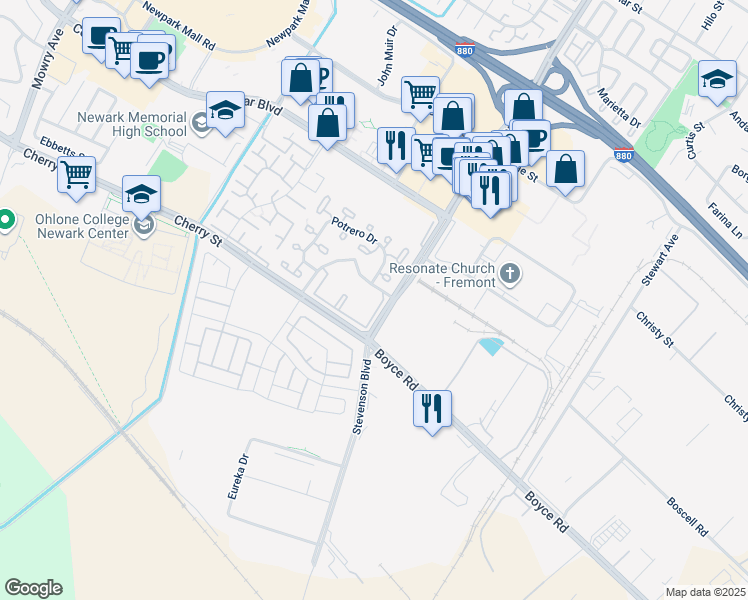 map of restaurants, bars, coffee shops, grocery stores, and more near 6488 Buena Vista Drive in Newark