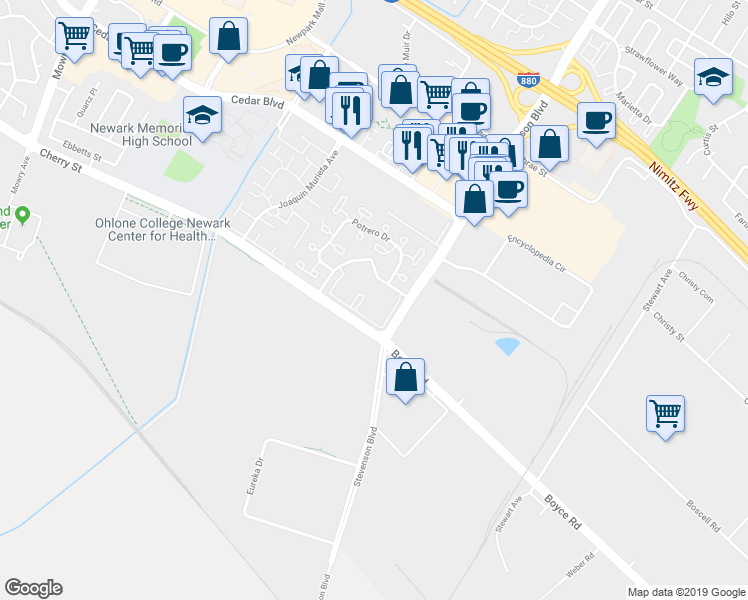 map of restaurants, bars, coffee shops, grocery stores, and more near 6394 Buena Vista Drive in Newark