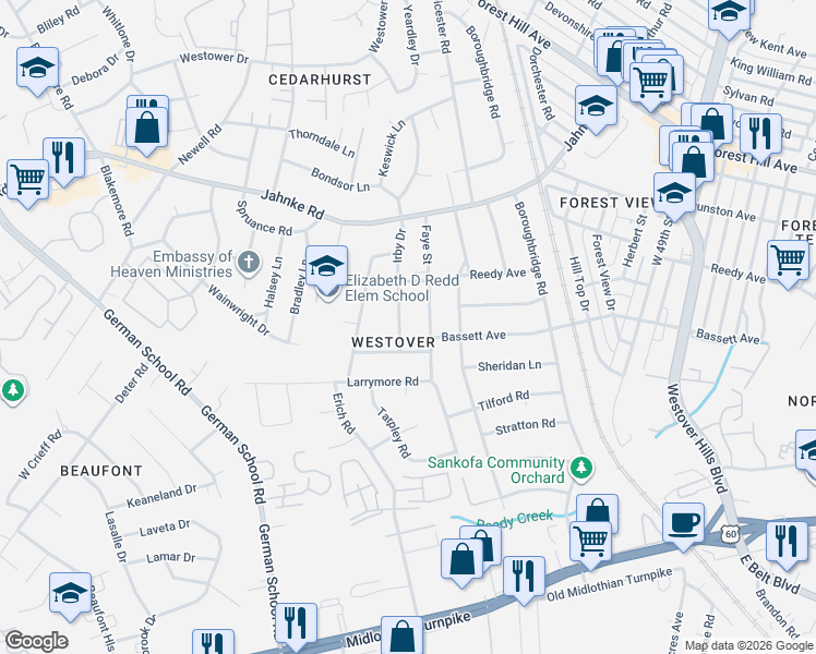 map of restaurants, bars, coffee shops, grocery stores, and more near 804 Faye Street in Richmond
