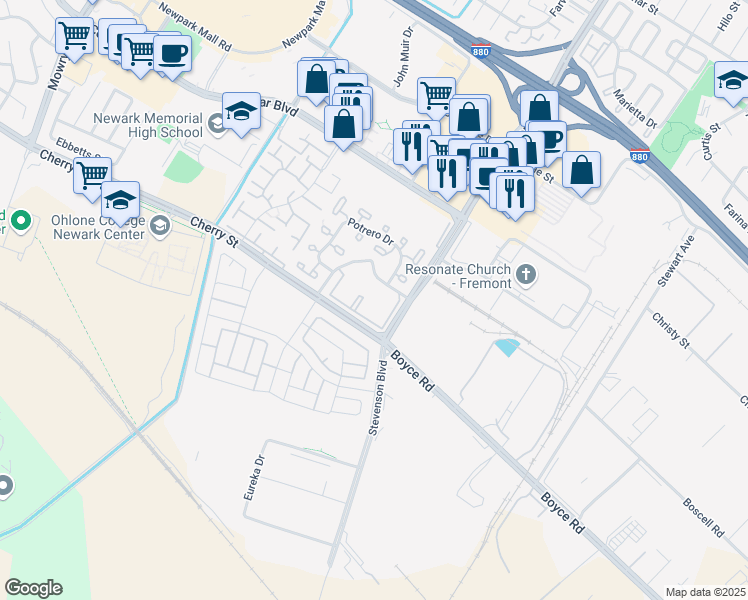 map of restaurants, bars, coffee shops, grocery stores, and more near 6394 Buena Vista Drive in Newark