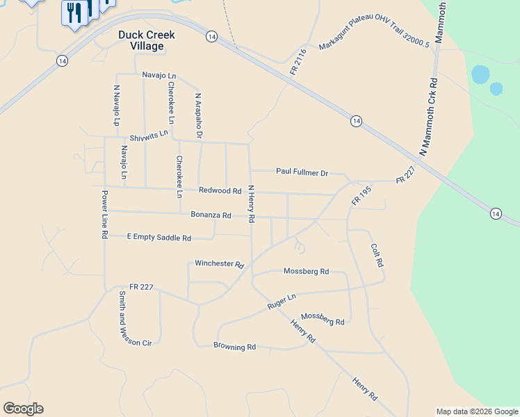 map of restaurants, bars, coffee shops, grocery stores, and more near 1245 Bonanza Road in Duck Creek Village