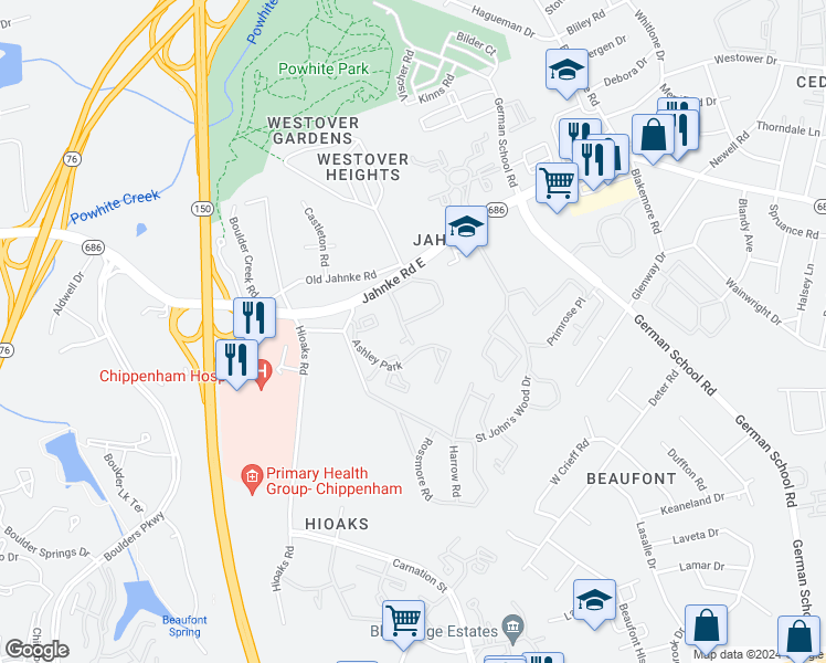 map of restaurants, bars, coffee shops, grocery stores, and more near 1121 Grand Brook Drive in Richmond