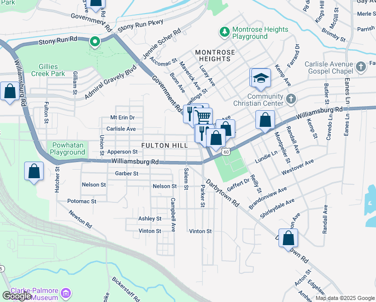 map of restaurants, bars, coffee shops, grocery stores, and more near 1601 National Street in Richmond