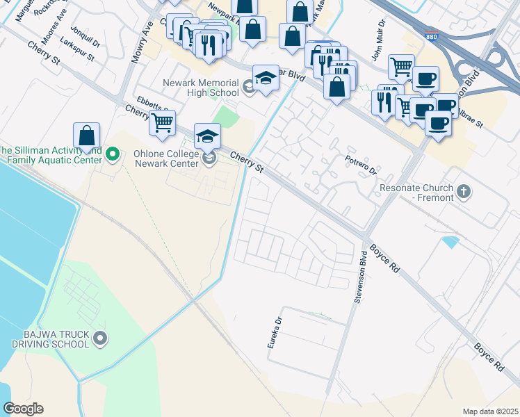 map of restaurants, bars, coffee shops, grocery stores, and more near 39438 Humpback Whale Road in Newark
