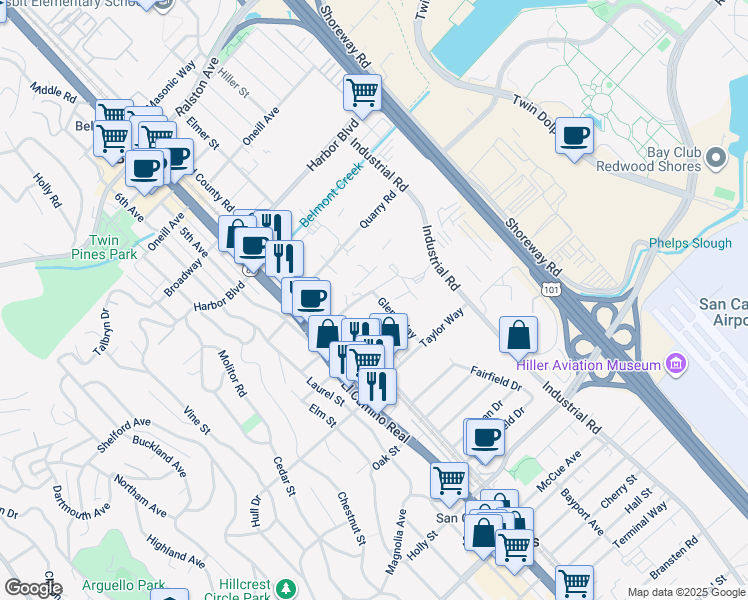 map of restaurants, bars, coffee shops, grocery stores, and more near 575 Bragato Road in San Carlos