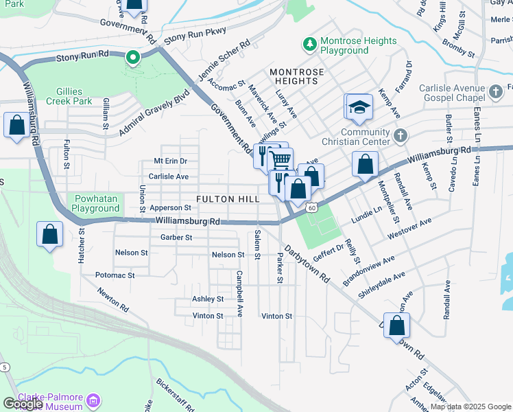 map of restaurants, bars, coffee shops, grocery stores, and more near 1529 National Street in Richmond
