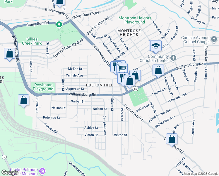 map of restaurants, bars, coffee shops, grocery stores, and more near 1518 Williamsburg Road in Richmond