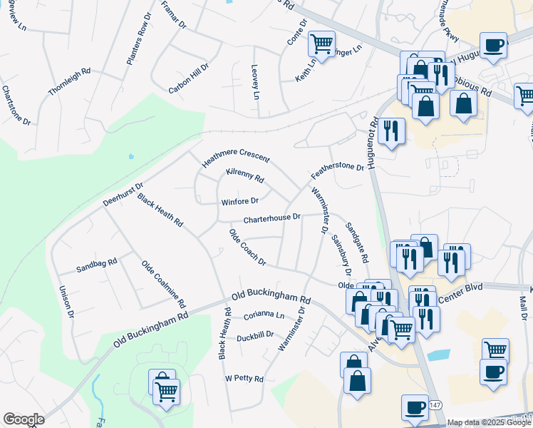 map of restaurants, bars, coffee shops, grocery stores, and more near 11820 Charterhouse Drive in Midlothian