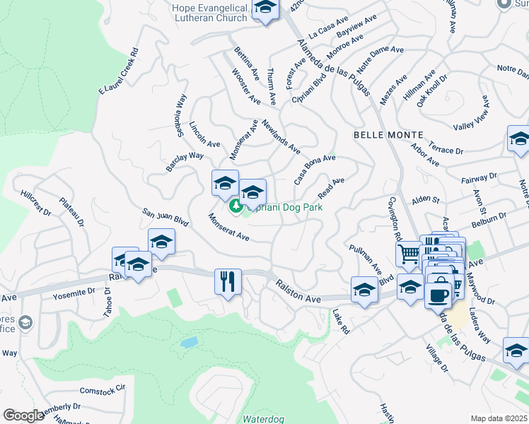 map of restaurants, bars, coffee shops, grocery stores, and more near 2804 Ponce Avenue in Belmont