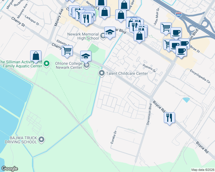 map of restaurants, bars, coffee shops, grocery stores, and more near 39465 Humpback Whale Road in Newark