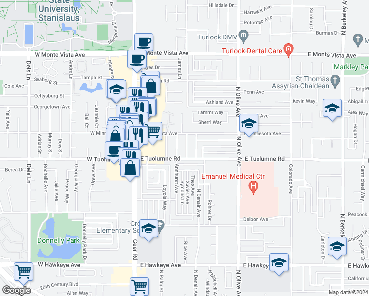 map of restaurants, bars, coffee shops, grocery stores, and more near 2465 Greenboro Street in Turlock