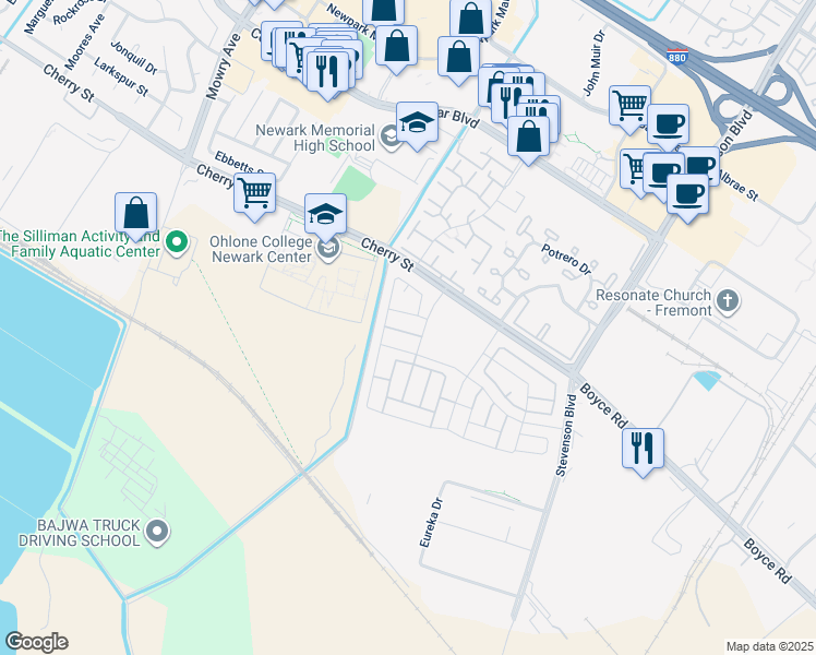 map of restaurants, bars, coffee shops, grocery stores, and more near 39438 Humpback Whale Road in Newark