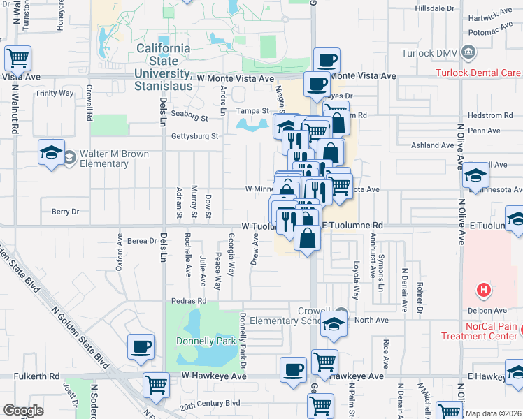 map of restaurants, bars, coffee shops, grocery stores, and more near 2420 Saint Louis Place in Turlock