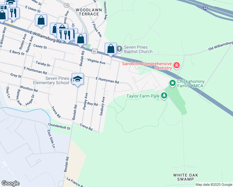 map of restaurants, bars, coffee shops, grocery stores, and more near 320 Taylor Farm Lane in Sandston