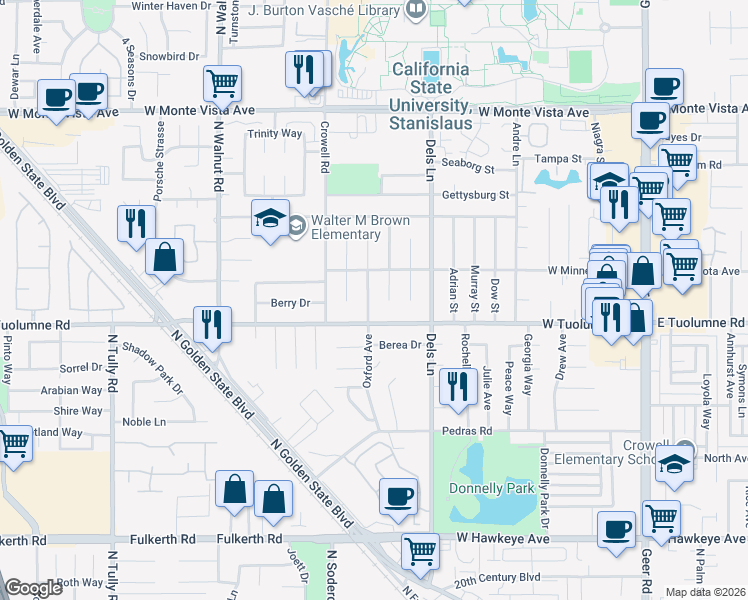 map of restaurants, bars, coffee shops, grocery stores, and more near 2425 Oxford Avenue in Turlock