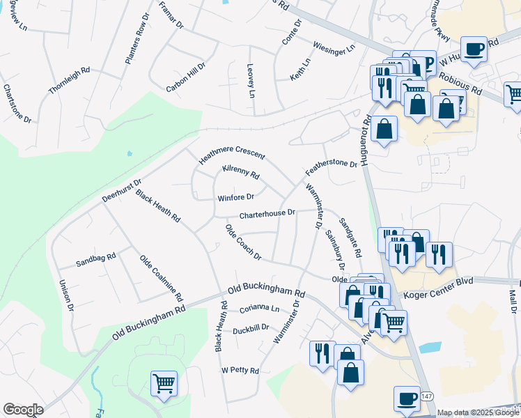 map of restaurants, bars, coffee shops, grocery stores, and more near 11820 Charterhouse Drive in Midlothian