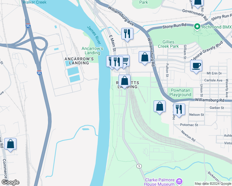 map of restaurants, bars, coffee shops, grocery stores, and more near 4940 Old Main Street in Richmond