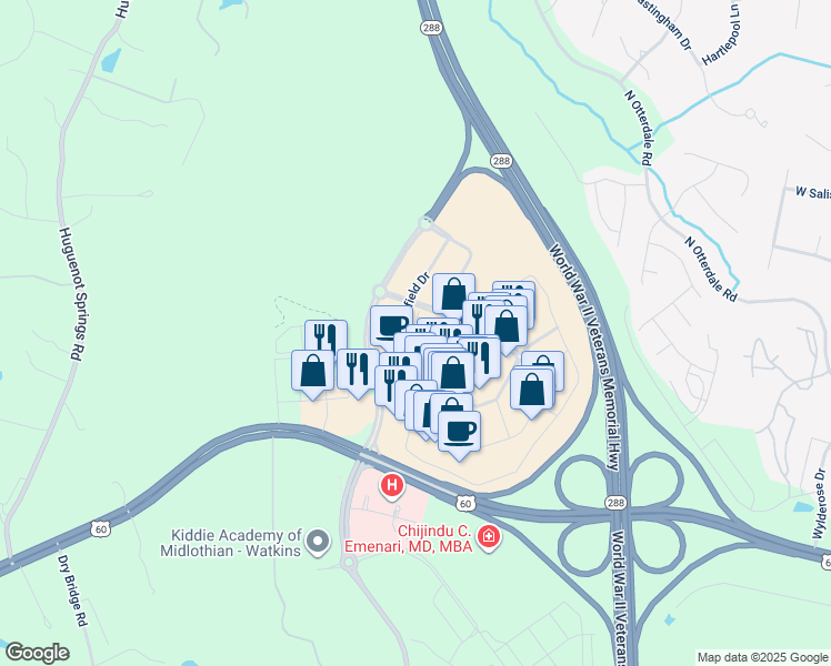 map of restaurants, bars, coffee shops, grocery stores, and more near 15936 Misty Blue Alley in Midlothian