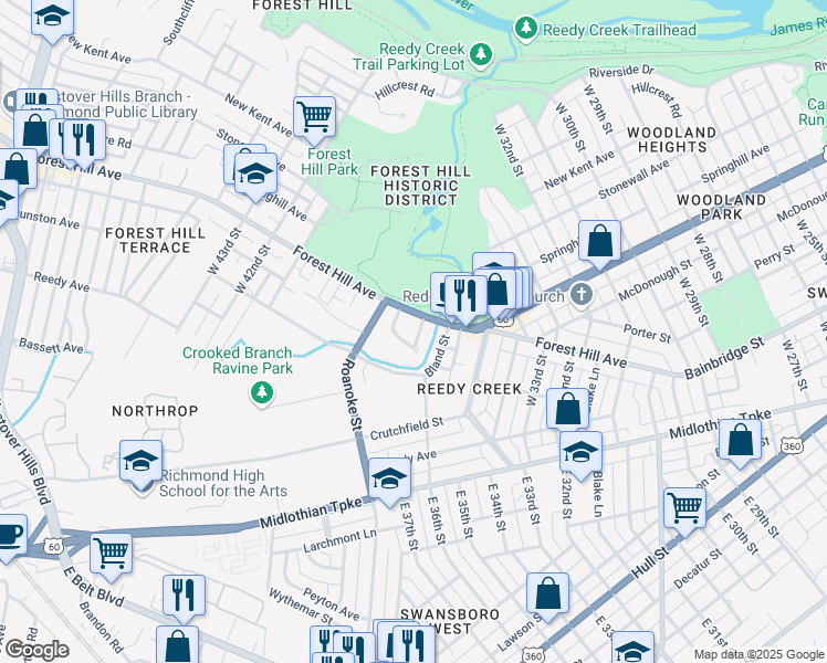 map of restaurants, bars, coffee shops, grocery stores, and more near 3705 Brookside Road in Richmond