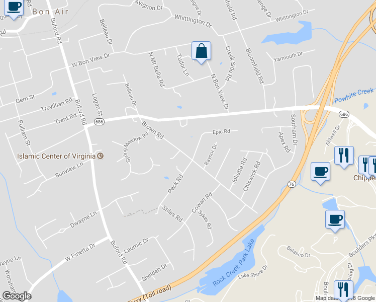 map of restaurants, bars, coffee shops, grocery stores, and more near 8110 Brown Road in Richmond