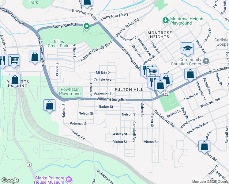 map of restaurants, bars, coffee shops, grocery stores, and more near 1316 Apperson Street in Richmond