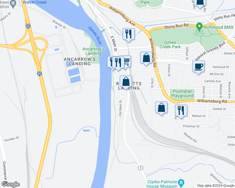 map of restaurants, bars, coffee shops, grocery stores, and more near 4940 Old Main Street in Henrico