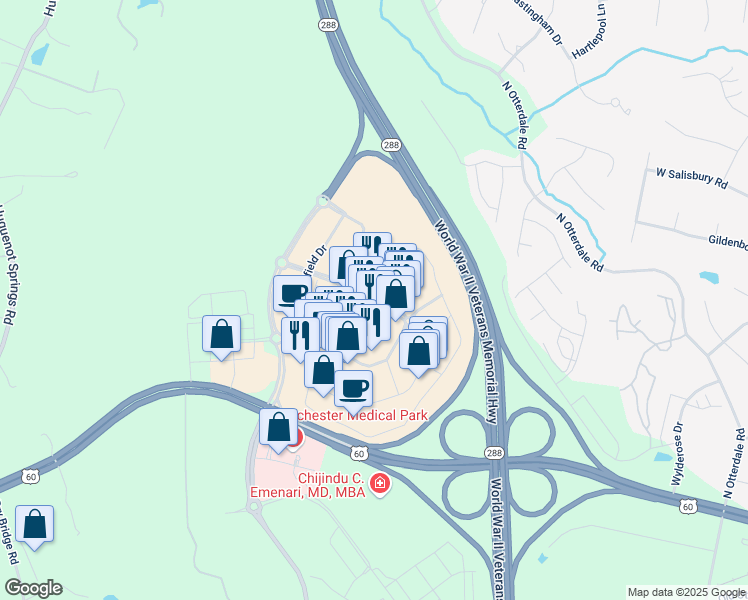 map of restaurants, bars, coffee shops, grocery stores, and more near 15786 WC Main Street in Midlothian