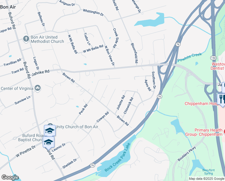 map of restaurants, bars, coffee shops, grocery stores, and more near 1262 Woodcroft Road in Richmond