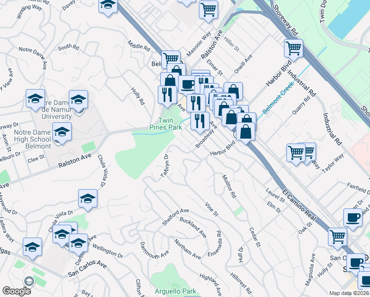 map of restaurants, bars, coffee shops, grocery stores, and more near 1400 Paloma Avenue in Belmont