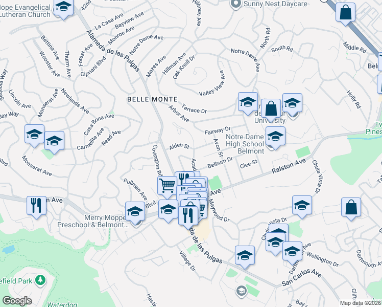 map of restaurants, bars, coffee shops, grocery stores, and more near 1179 Villa Avenue in Belmont