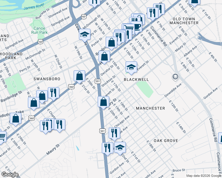 map of restaurants, bars, coffee shops, grocery stores, and more near 1802 Everett Street in Richmond