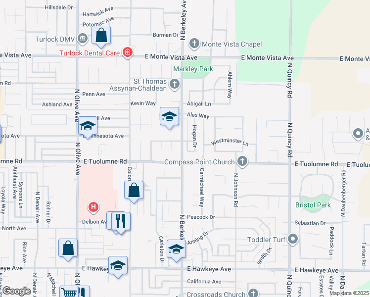 map of restaurants, bars, coffee shops, grocery stores, and more near 2501 North Berkeley Avenue in Turlock