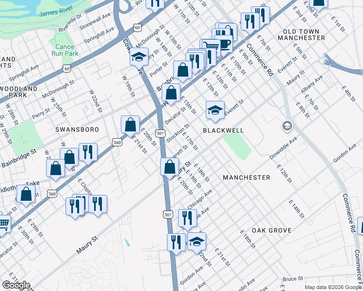 map of restaurants, bars, coffee shops, grocery stores, and more near 1802 Everett Street in Richmond
