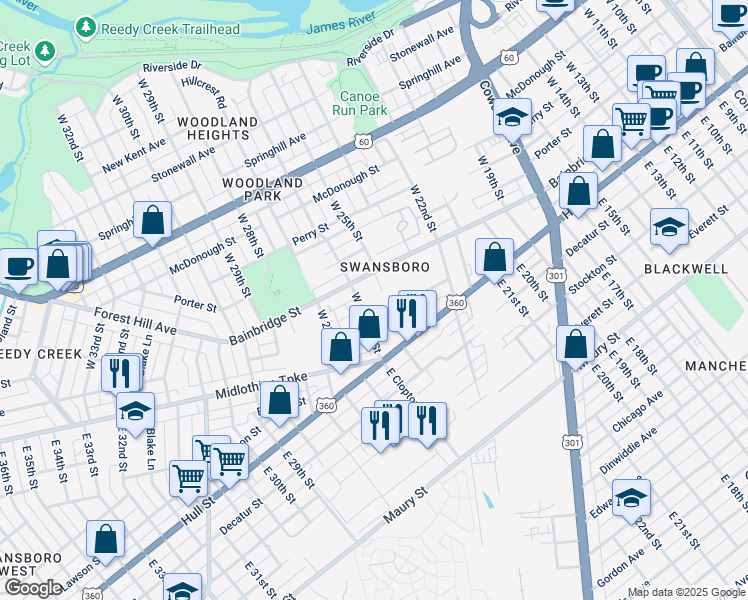 map of restaurants, bars, coffee shops, grocery stores, and more near 60 West Clopton Street in Richmond