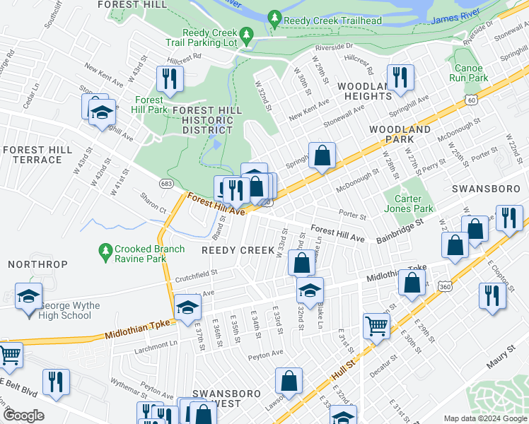 map of restaurants, bars, coffee shops, grocery stores, and more near 3310 Forest Hill Avenue in Richmond