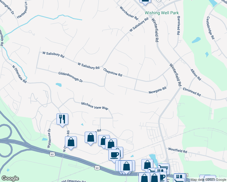 map of restaurants, bars, coffee shops, grocery stores, and more near 1807 Gildenborough Court in Midlothian